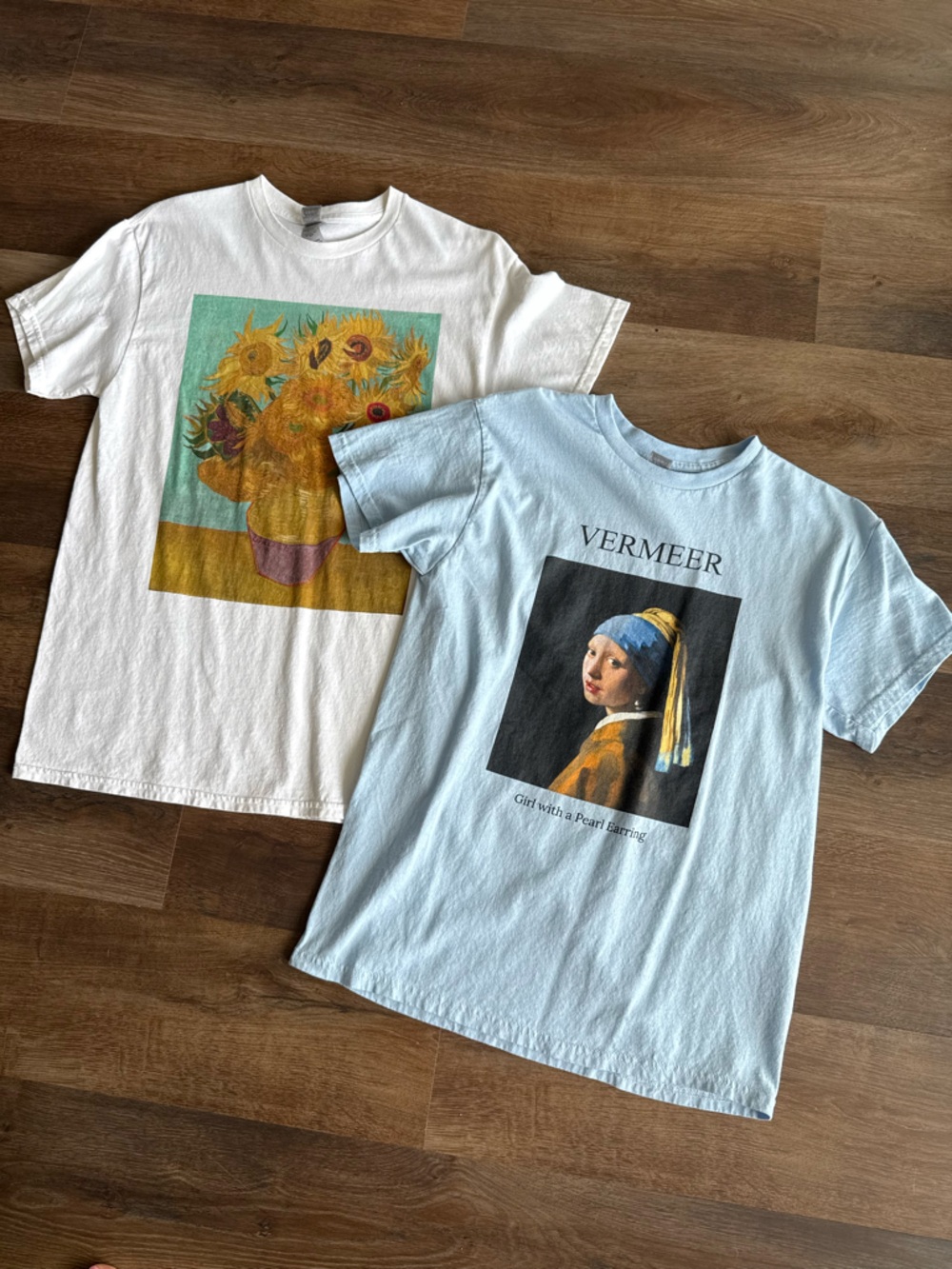Gildan Light Blue and White Short Sleeve Tees with Vermeer & Sunflower Prints